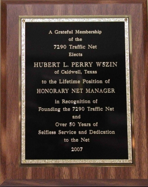 Hubert W5ZIN Manager Plaque